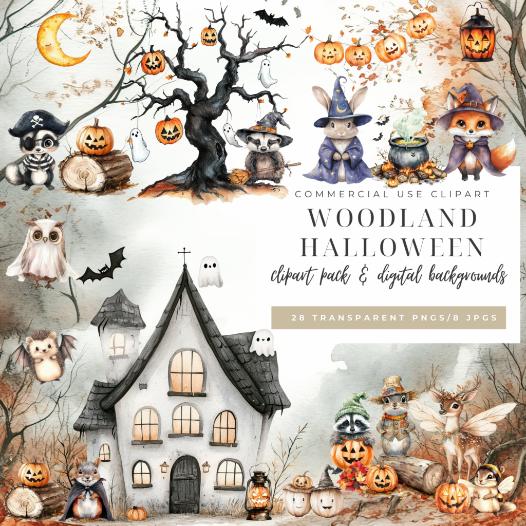 A complete Halloween Woodland Animals Clipart Bundle featuring cute and spooky watercolor illustrations of woodland animals in costumes, enchanted autumn scenes, and Halloween-themed elements, all on a white background, perfect for creative and commercial use.