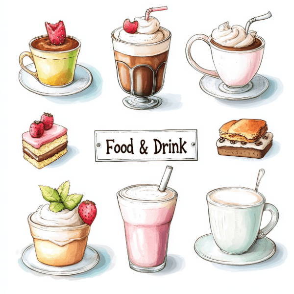 Delicious and whimsical food and drink clipart for culinary-themed designs by Juella Consuella Designs.