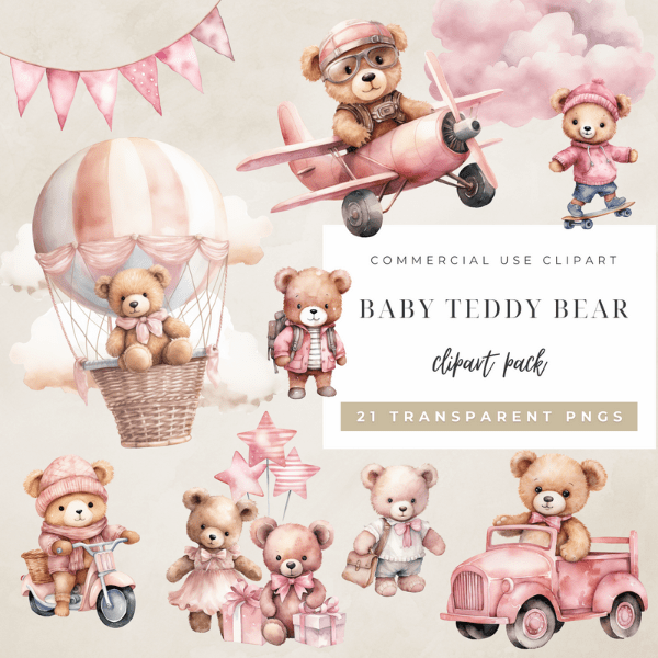 Our pink baby Teddy Bear Clipart pack is perfect for creating wall art for your baby girl's nursery, DIY shower decor and invitations.