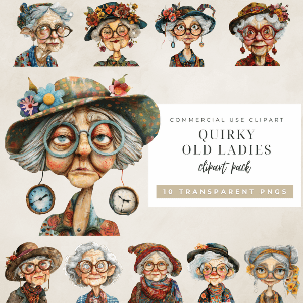 Quirky old ladies clipart pack for creators projects