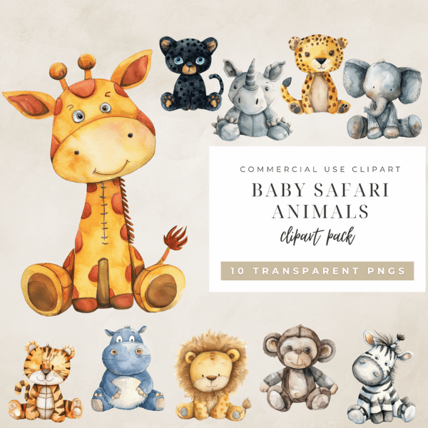 Design your baby shower invitation and baby decor with our Baby safari animals clipart pack