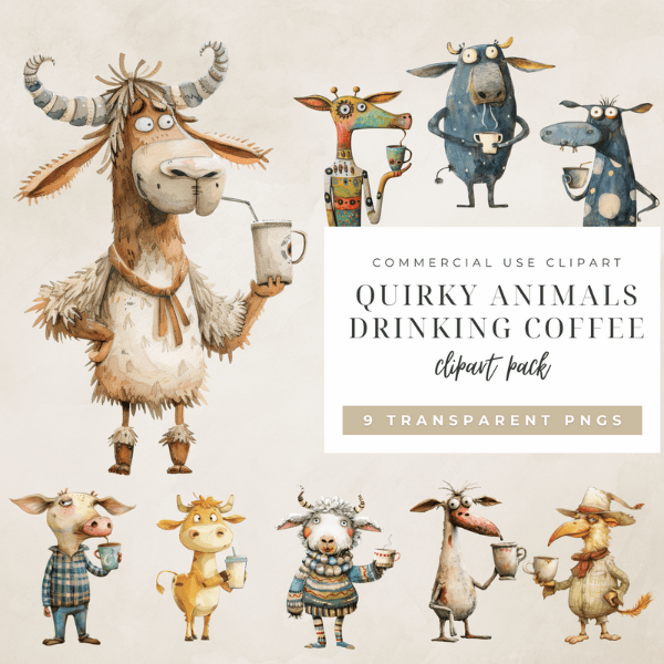 Quirky animals drinking coffee clipart pack.