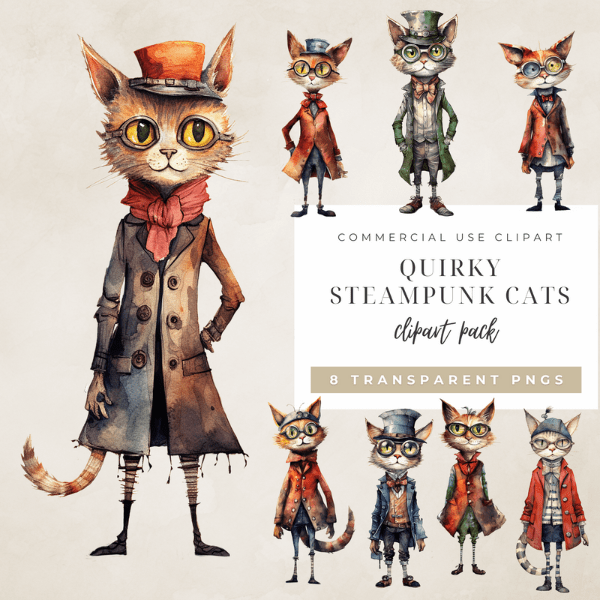 Quirky steampunk cats clipart pack is perfect for creative projects