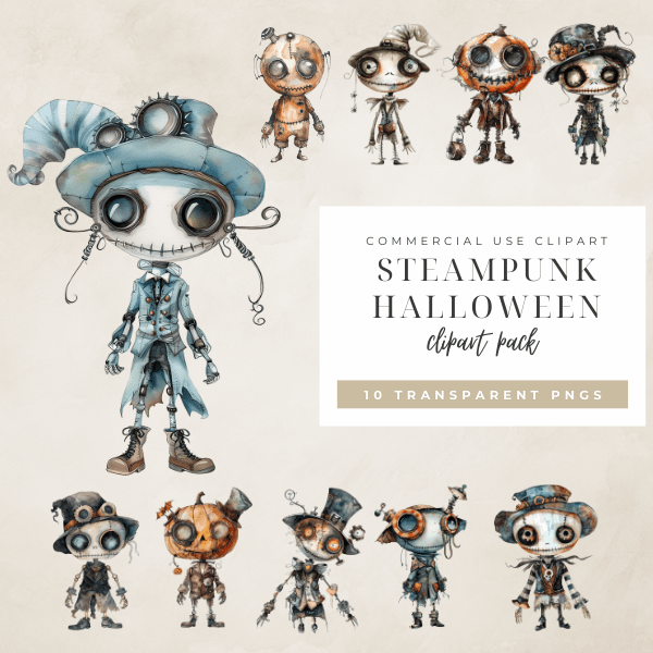 Steampunk Halloween Clipart featuring quirky steampunk characters in PNG format, perfect for Halloween crafts, decorations, and digital designs.