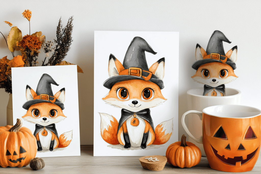 An image showcasing Halloween-themed holiday cards, custom invitations, and DIY crafts featuring cute woodland animals in costumes and festive autumn designs, perfect for personal and creative projects.