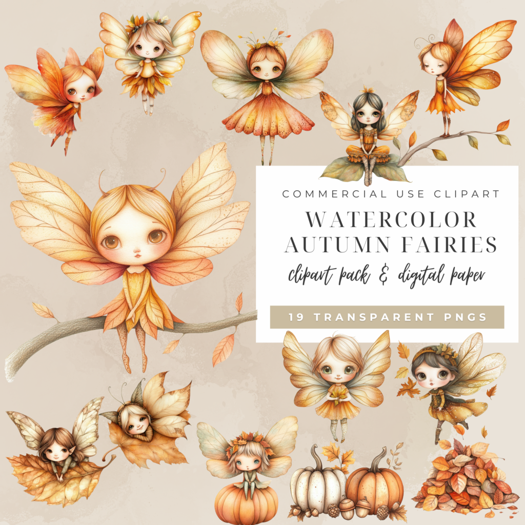 Watercolor Autumn Fairy Clipart Collection - 15 PNG files featuring whimsical, boho-style fairies in autumn colors, perfect for nursery decor, DIY crafts, and digital designs. Includes transparent backgrounds and 4 digital paper backgrounds with cozy fall themes.